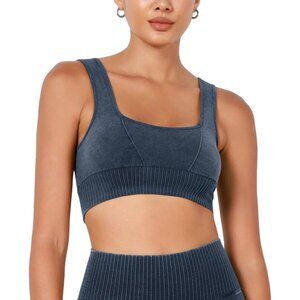 Women's Stone Washing Navy Square Neck Low Back Ribbed Cropped Sports Bra